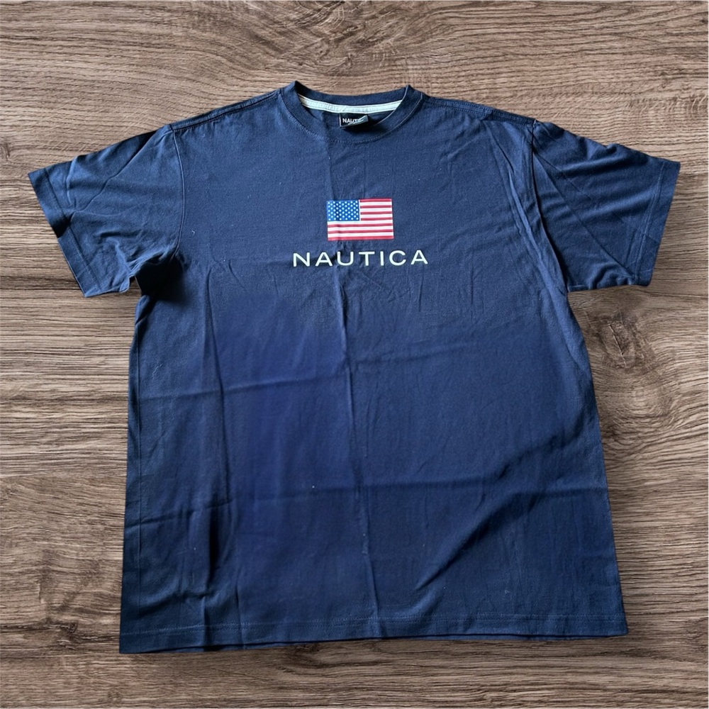 Nautica Navy Blue T-Shirt with‎ American Flag Mens Size S